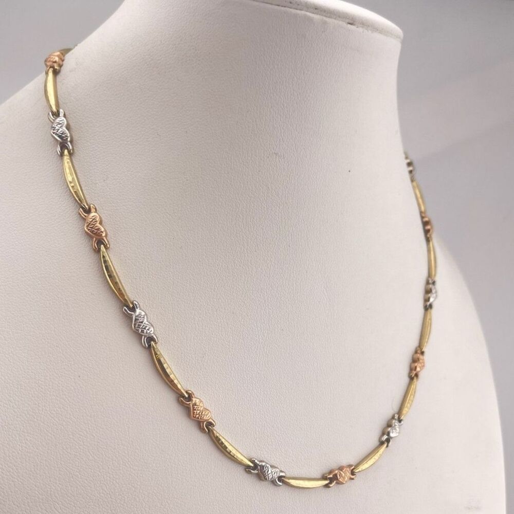 Vintage 10k Solid Yellow, Rose & White Gold Textured Puffy Heart Necklace